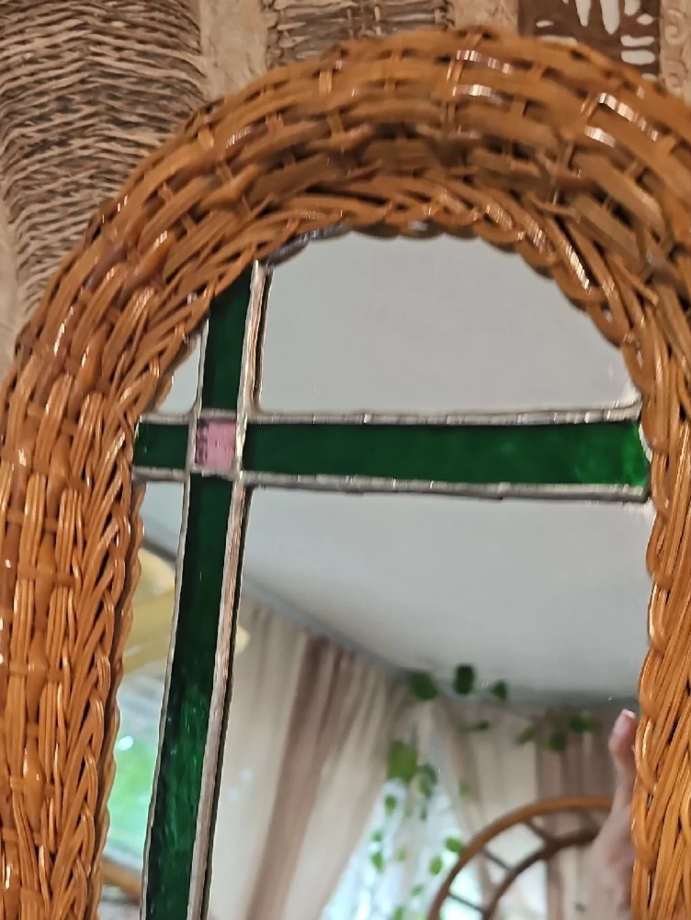 Woven Rattan Framed Mirror with Green Stained Glass Accent16